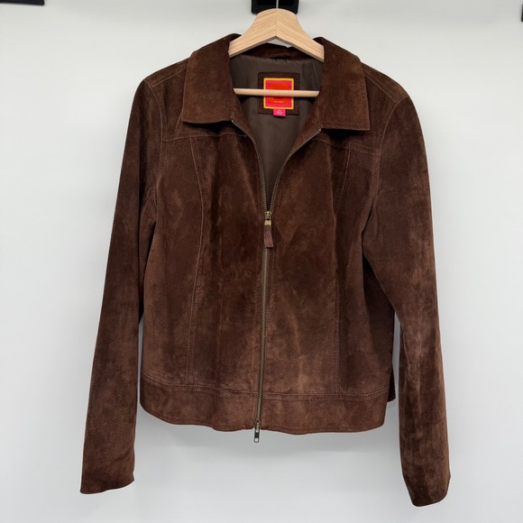 Suede Jacket Dark Brown Zip Front Isaac Mizrahi Size XL Minimalist Old Money - Picture 1 of 10